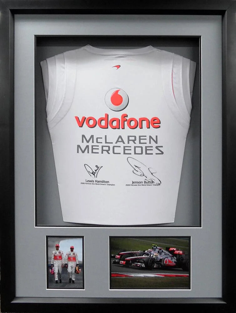 3D Framed Lewis Hamilton and Jenson Button Vodafone Mclaren Mercedes F1 Hand Signed Formula 1 Shirt
