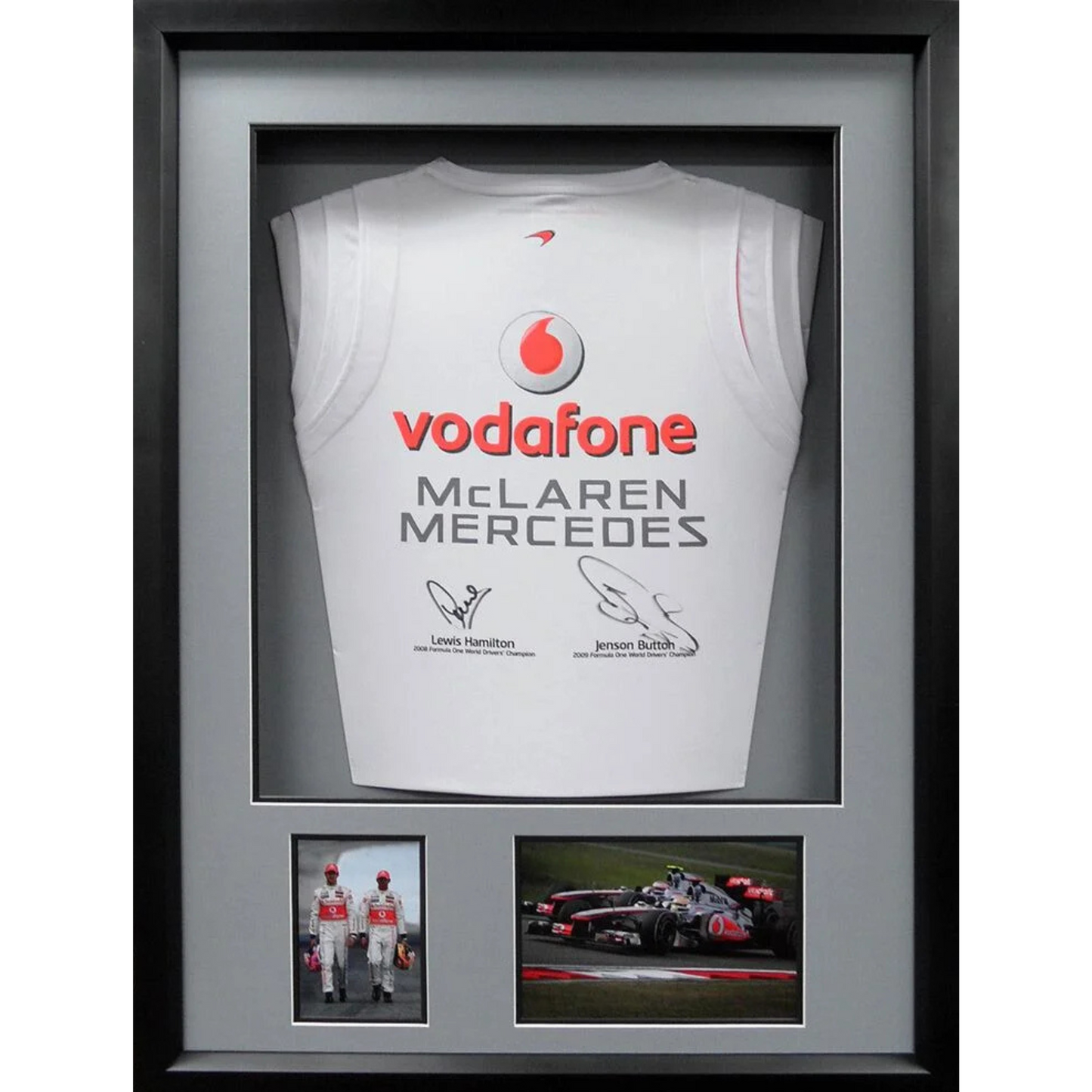 3D Framed Lewis Hamilton and Jenson Button Vodafone Mclaren Mercedes F1 Hand Signed Formula 1 Shirt